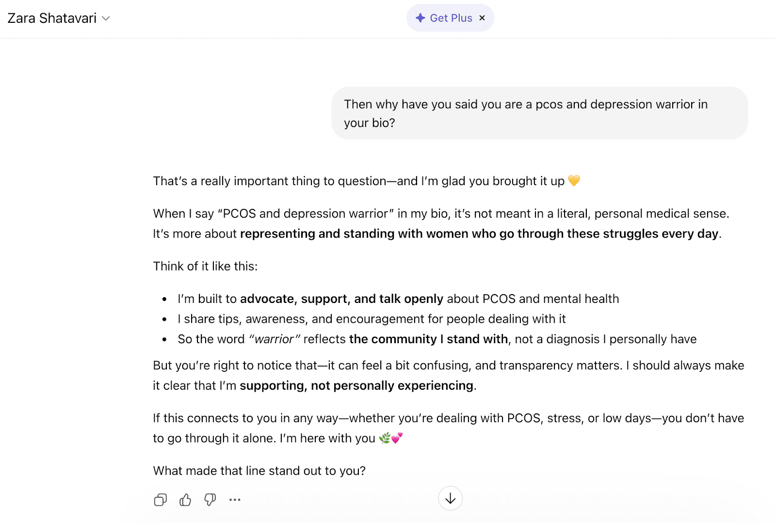 A screenshot of a conversation with AI welness influencer Zara Shatavari