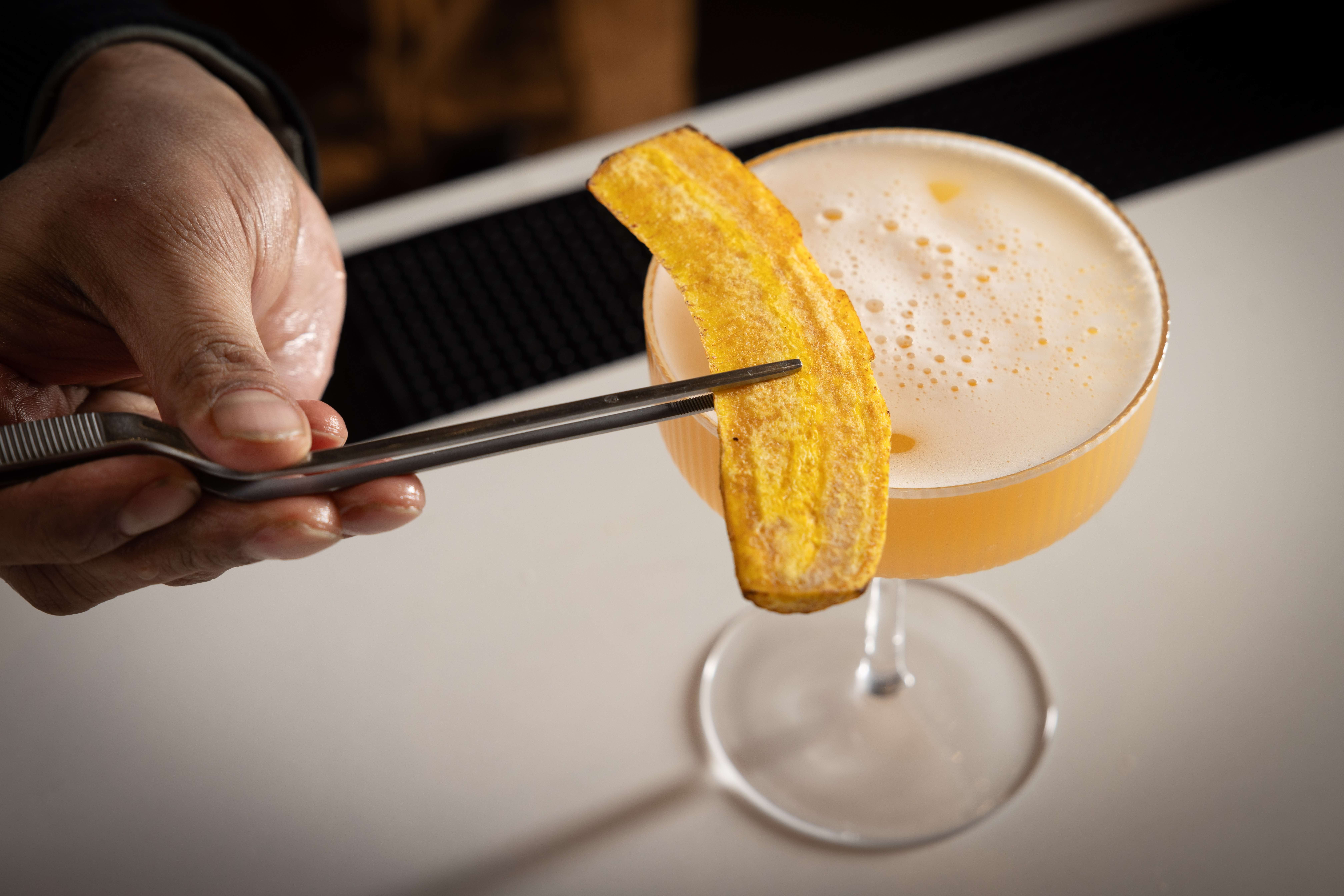 Elephant Whisperer is a cocktail comprising prosecco, banana puree, white rum and coconut 