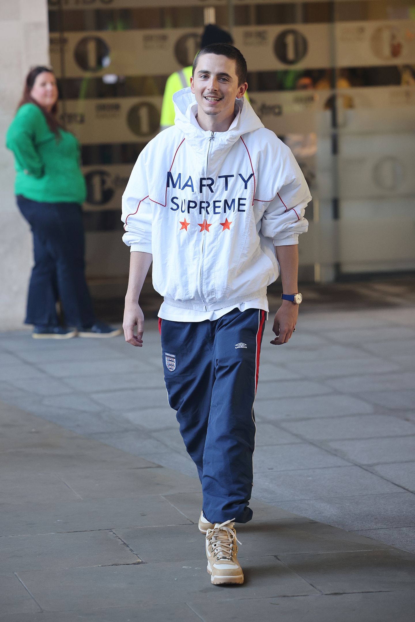 Timothée Chalamet wearing the ‘Marty Supreme‘ merch