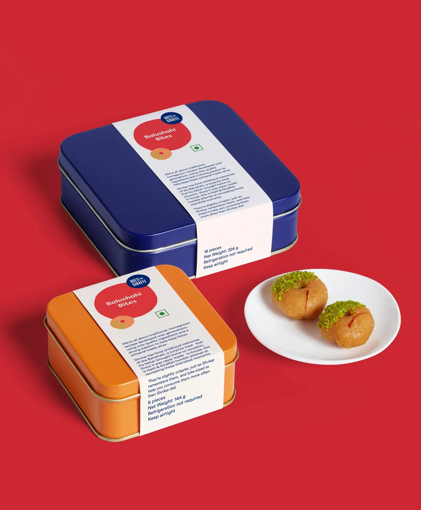Bright blue and orange tin boxes