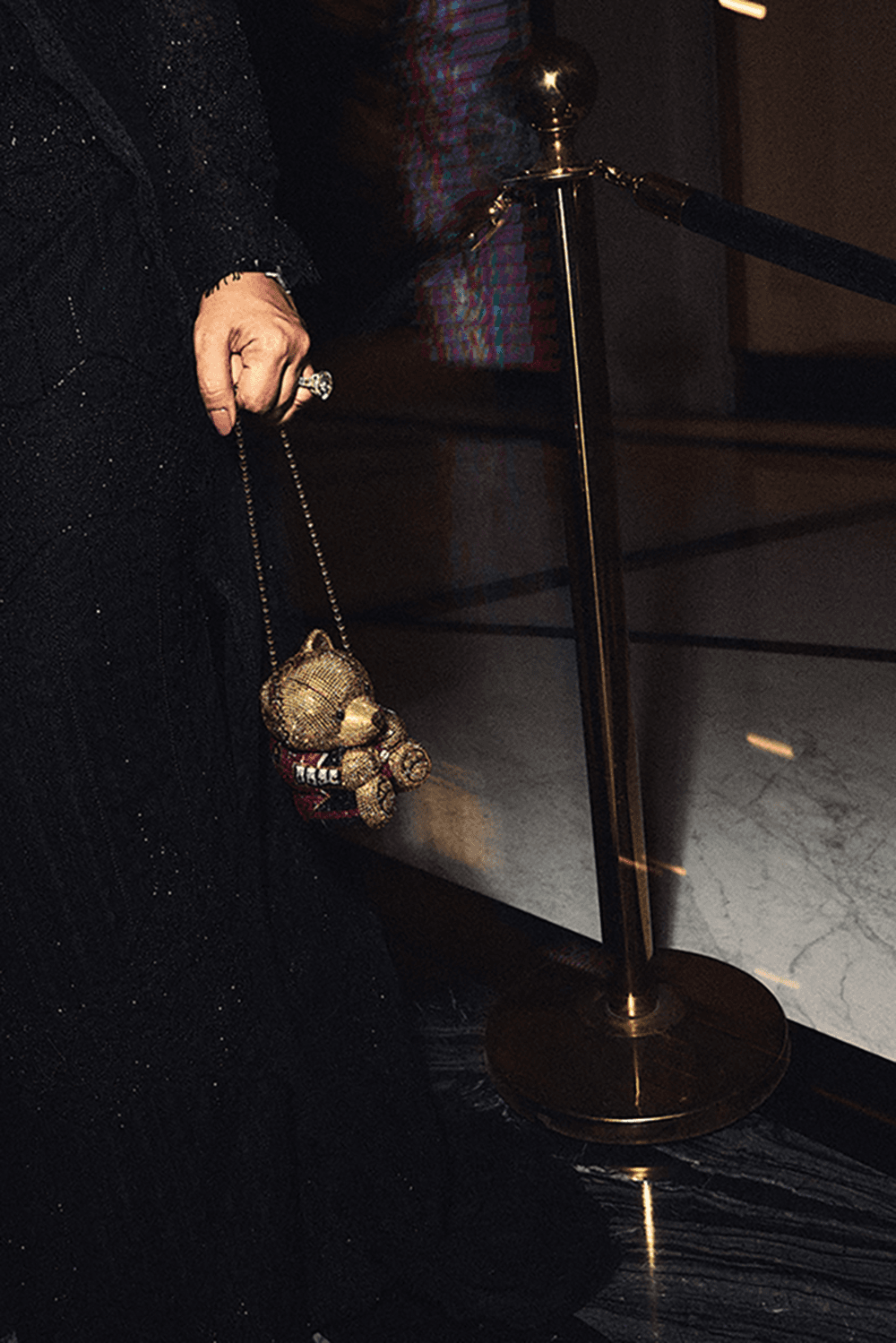 A Judith Leiber teddy bag spotted on Chandni Agarwal at the Delhi store opening