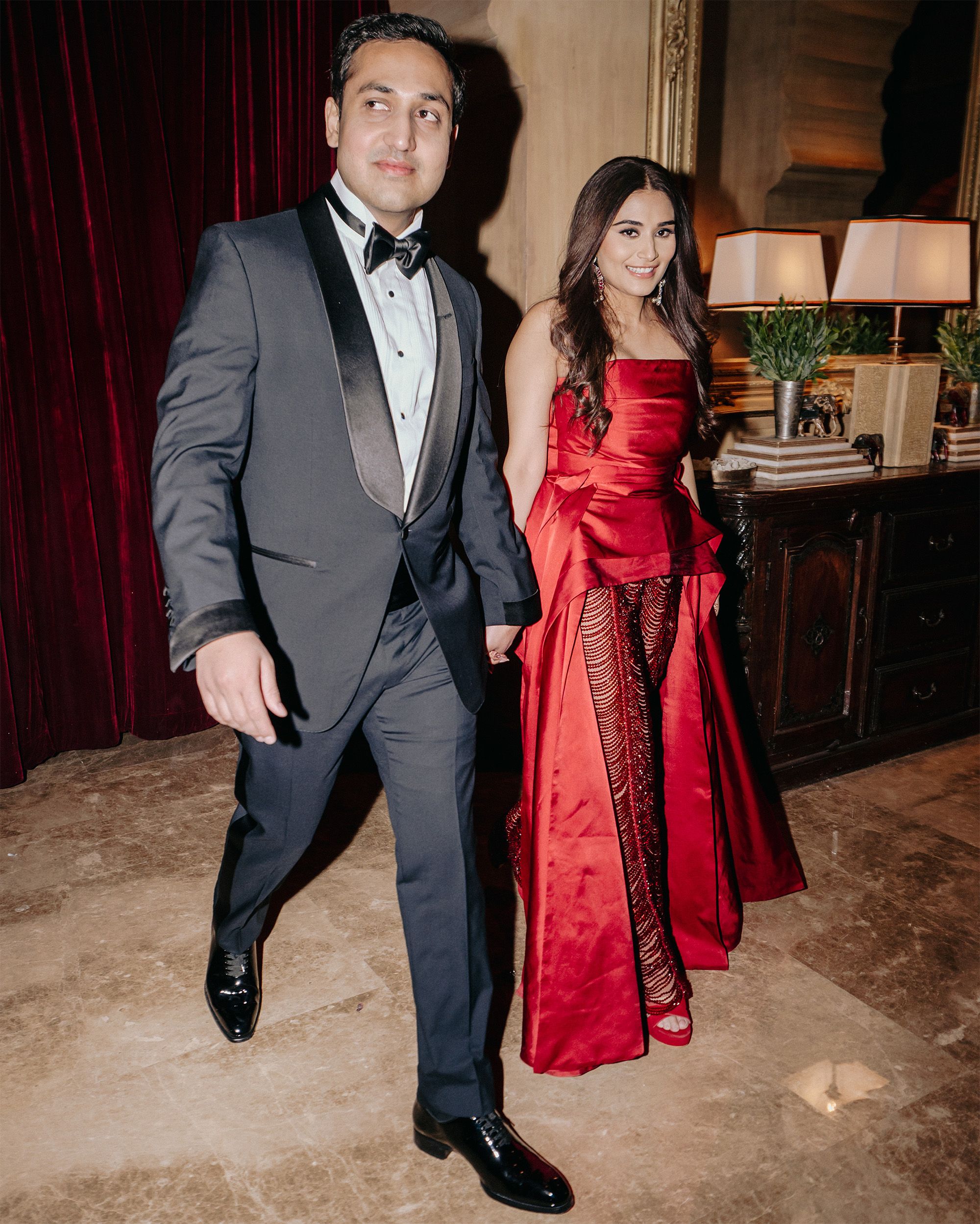 Bride Karyna Bajaj in the Desher and Dukkaha set from Kresha Bajaj—sheer beaded pants and a corset top