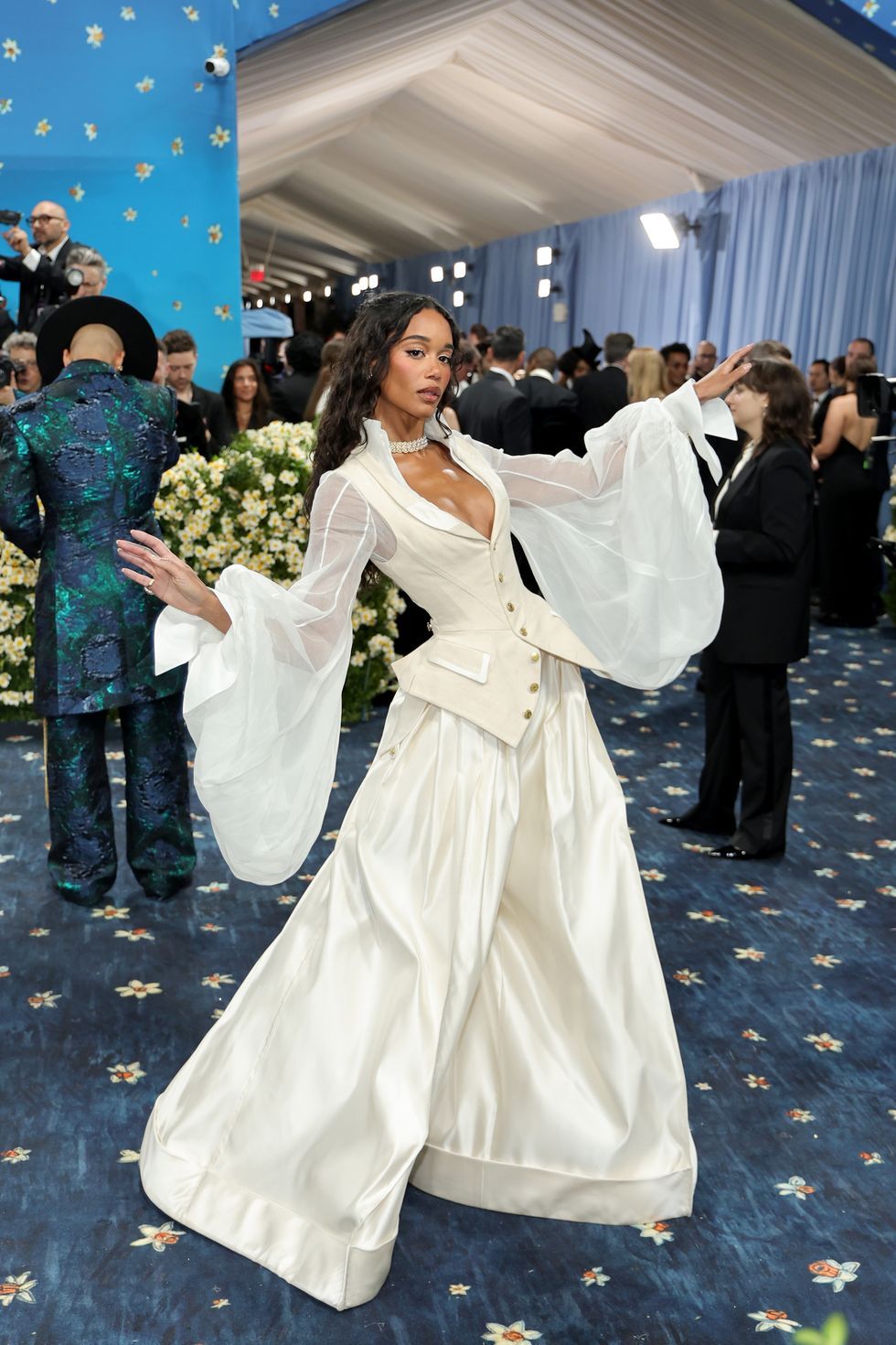 Laura Harrier at the 2025 Met Gala in a custom look from Gap Studio by Zac Posen