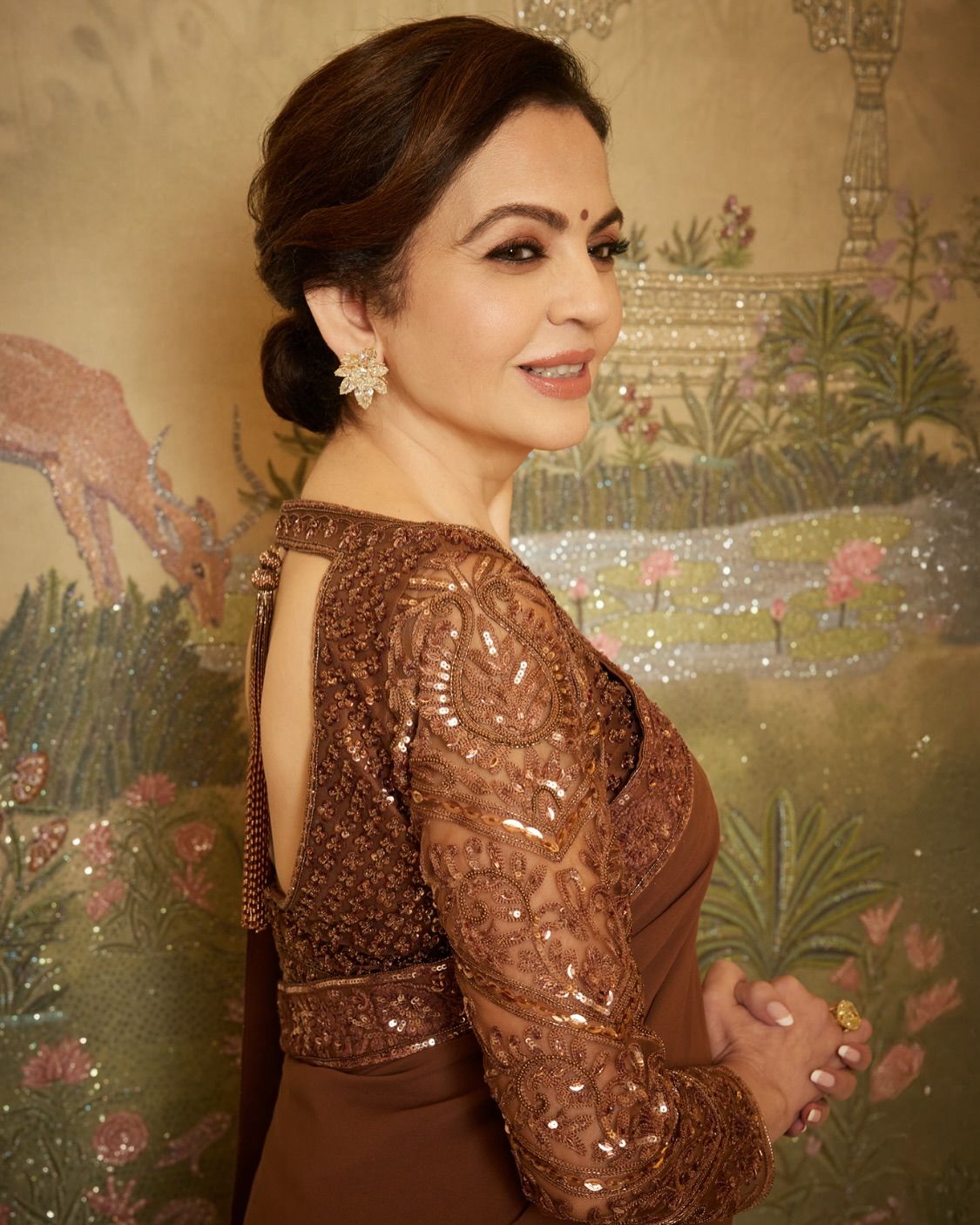 green emerald velvet dress Nita ambani TISSUE silk Saree - Gold