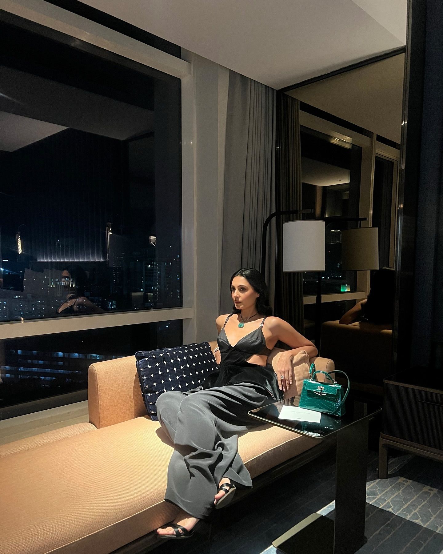 Pernia Qureshi with a green Hermès bag