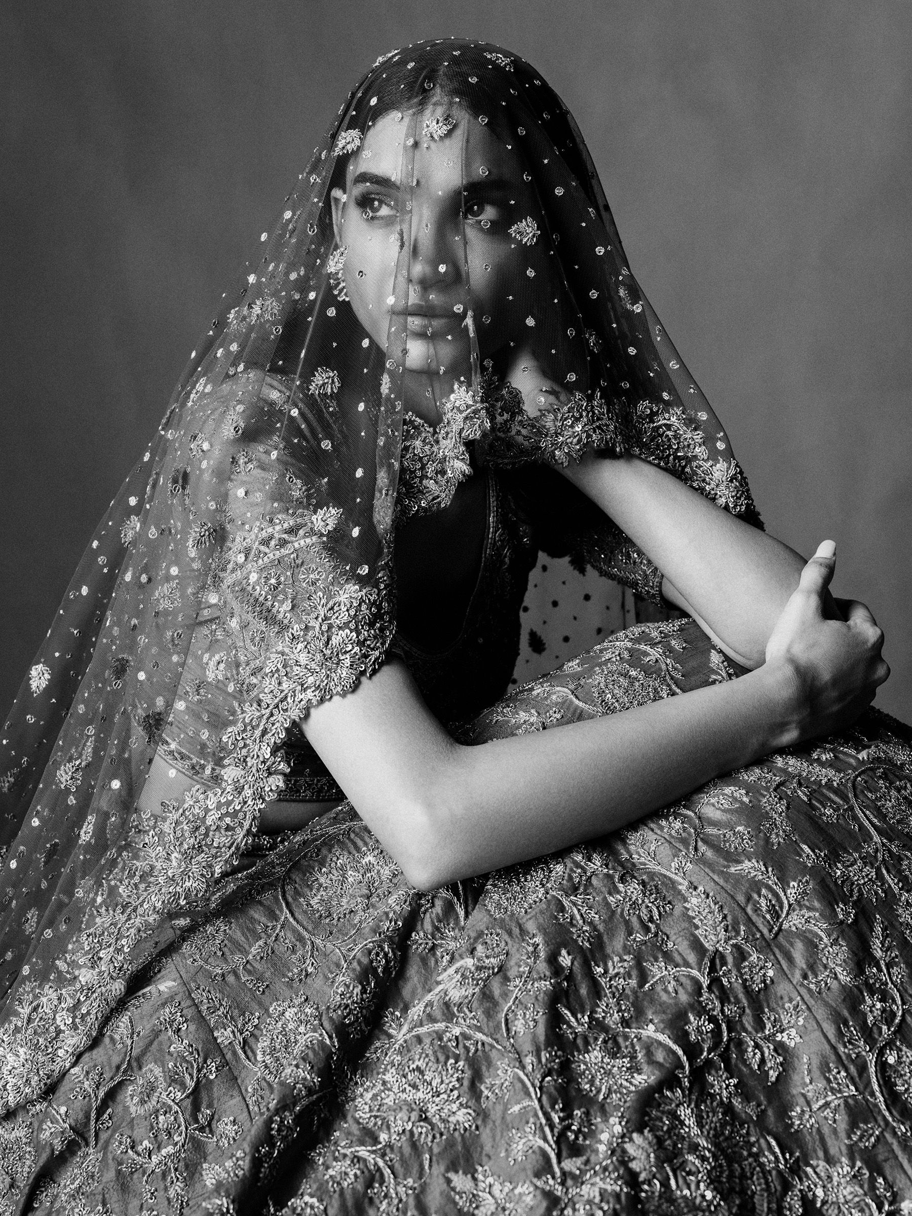 Embroidered lehenga with embellished veil