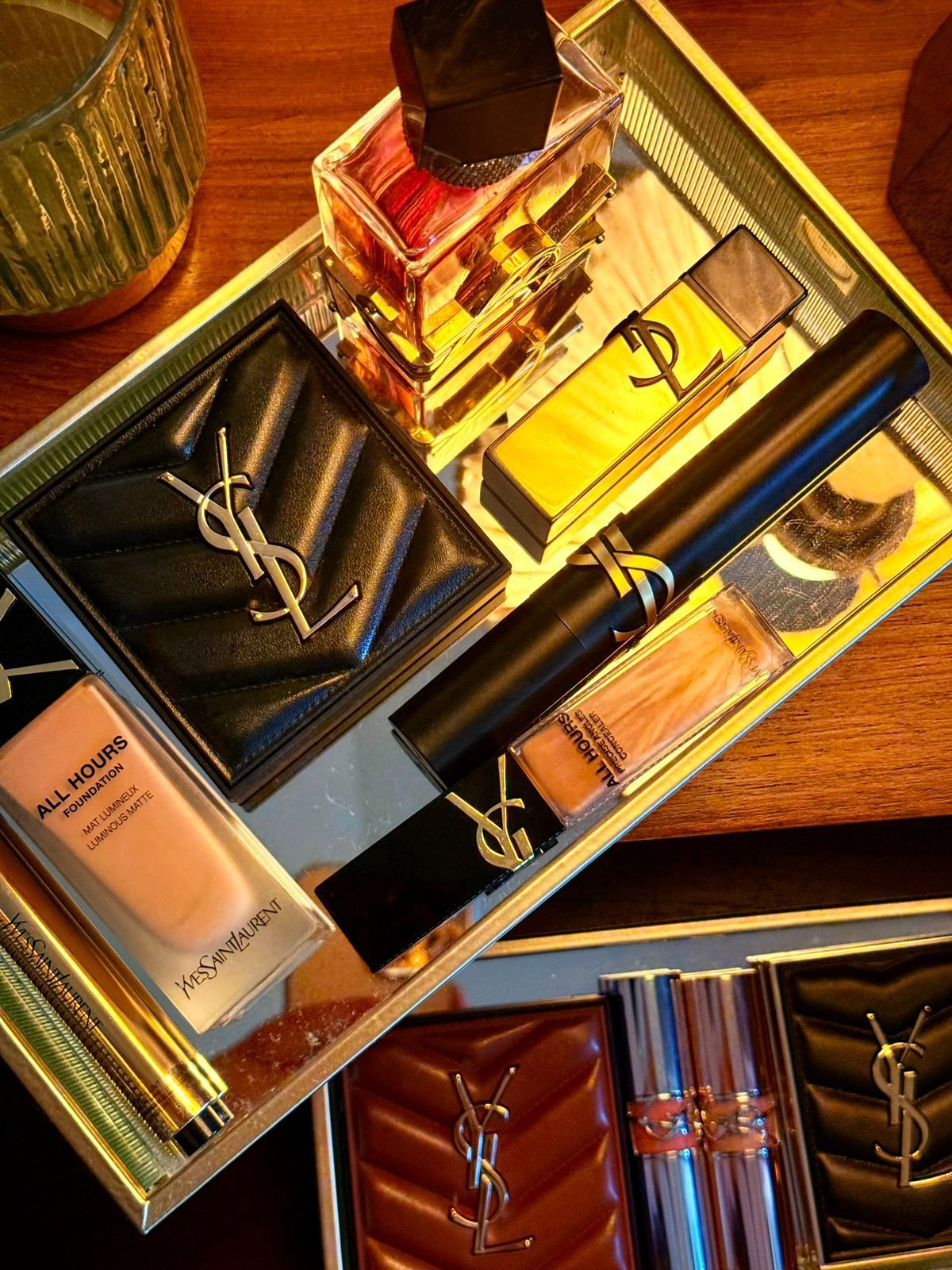 Riviera Lynn Vaz, national makeup artist for YSL Beauty, swears by the All Hours foundation, Lash Clash mascara, and Candy Glaze lip balms