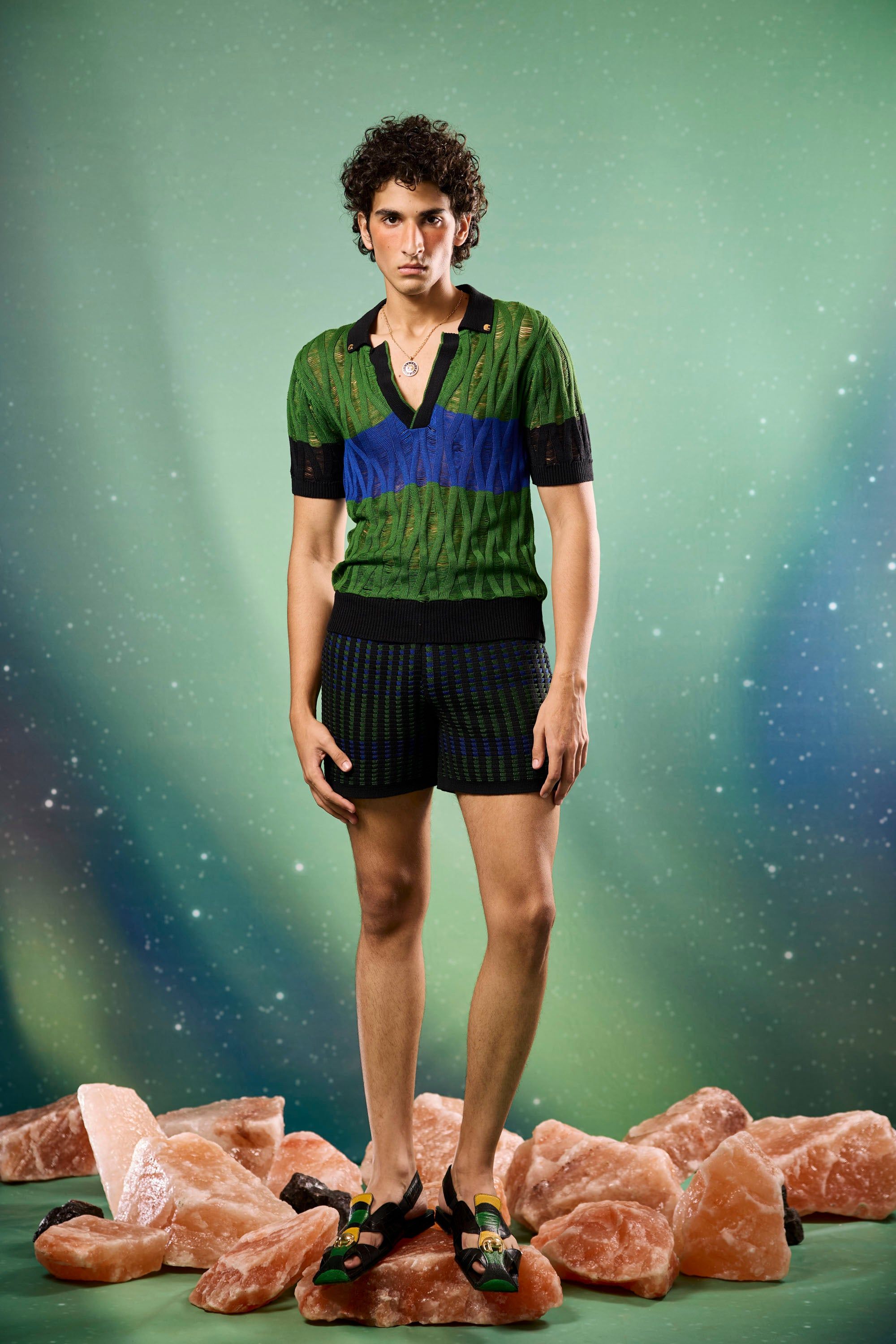 Shivan & Narresh midnight mosaic knitted shorts