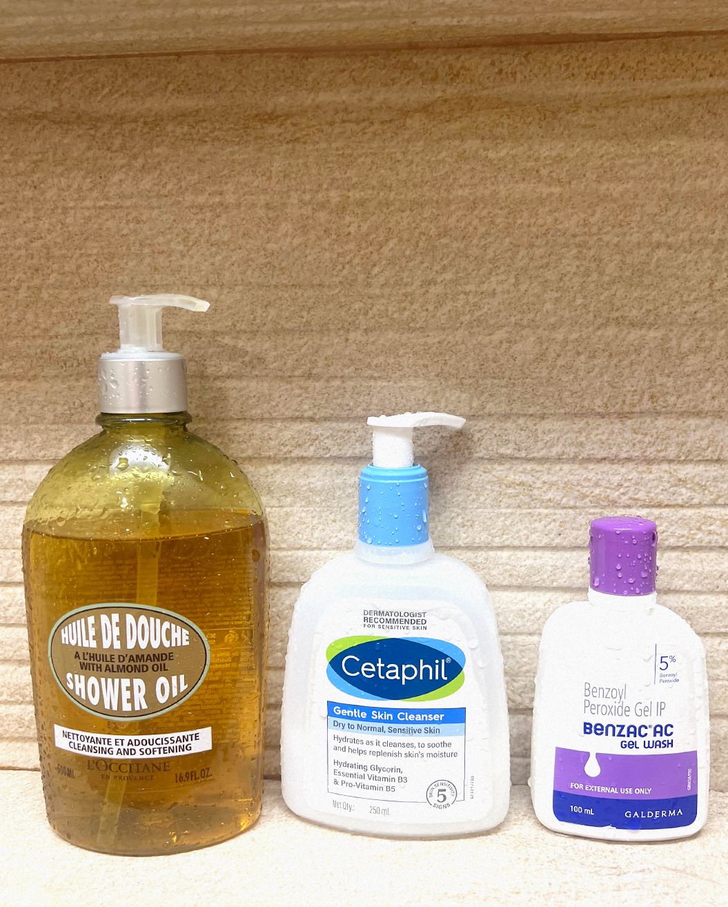 Tanvi Chemburkar's shower essentials: L'occitane almond shower oil, Cetaphil gentle skin cleanser and Benzac AC gel wash