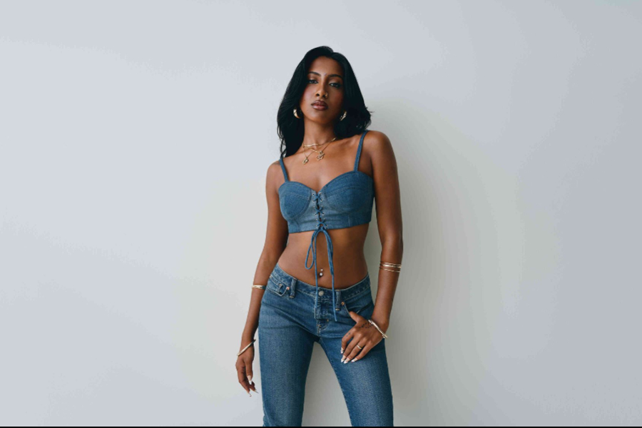 katseye denim dress Blue Sling A-Line Denim Dress | Gabriela - KATSEYE
