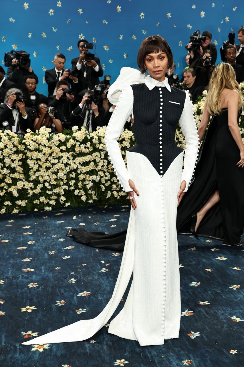 Zoe Saldaña in a custom Thom Browne outfit at the 2025 Met Gala