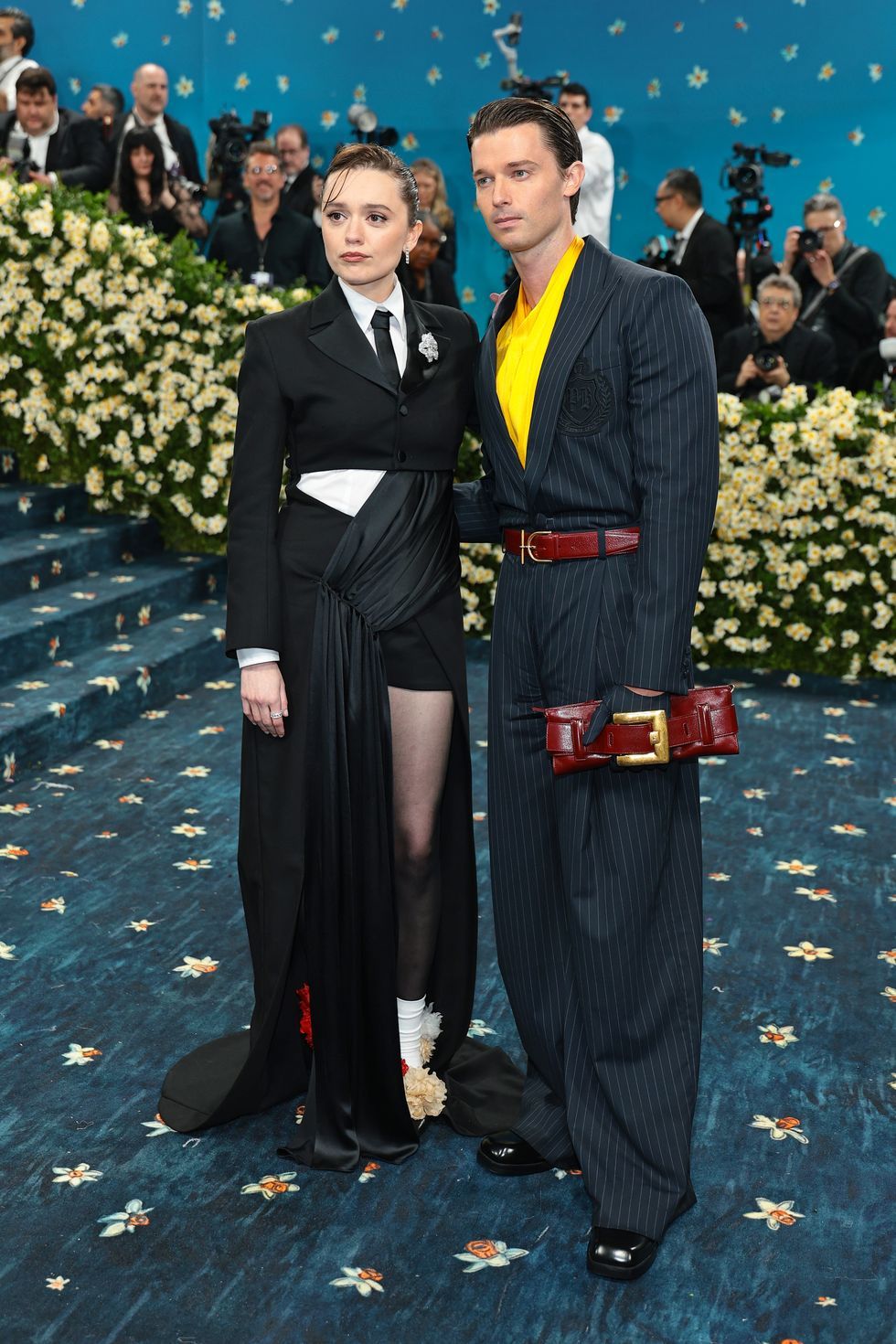Aimee Lou Wood in Ahluwalia and Patrick Schwarzenegger in Balmain at the 2025 Met Gala