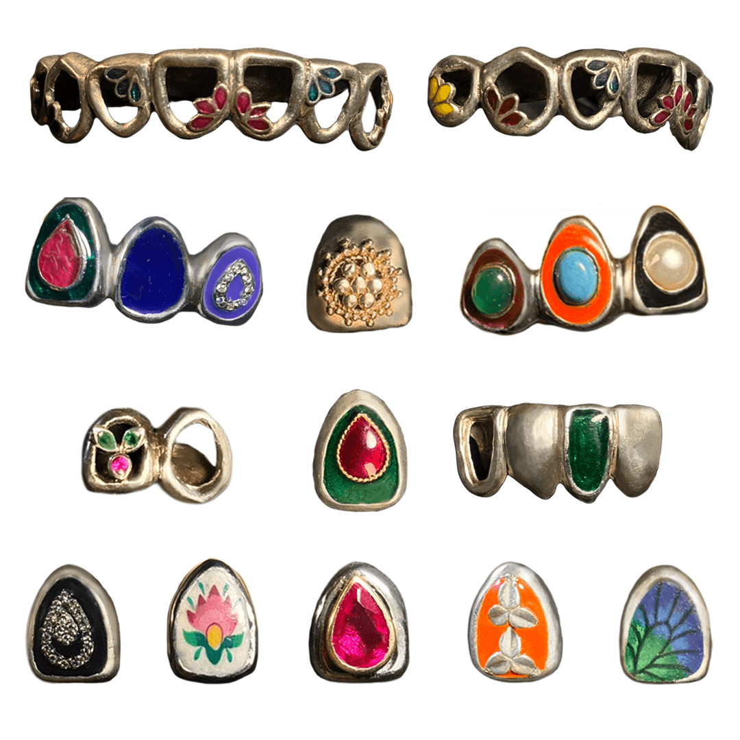 Frostbite grills featuring traditional Indian motifs and jewellery techniques