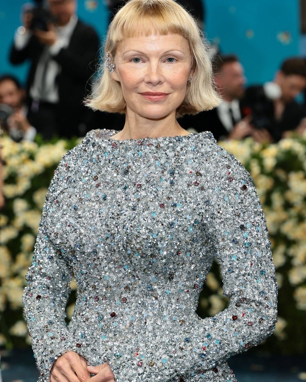 Pamela Anderson debuts a fresh haircut at the Met Gala in Tory Burch